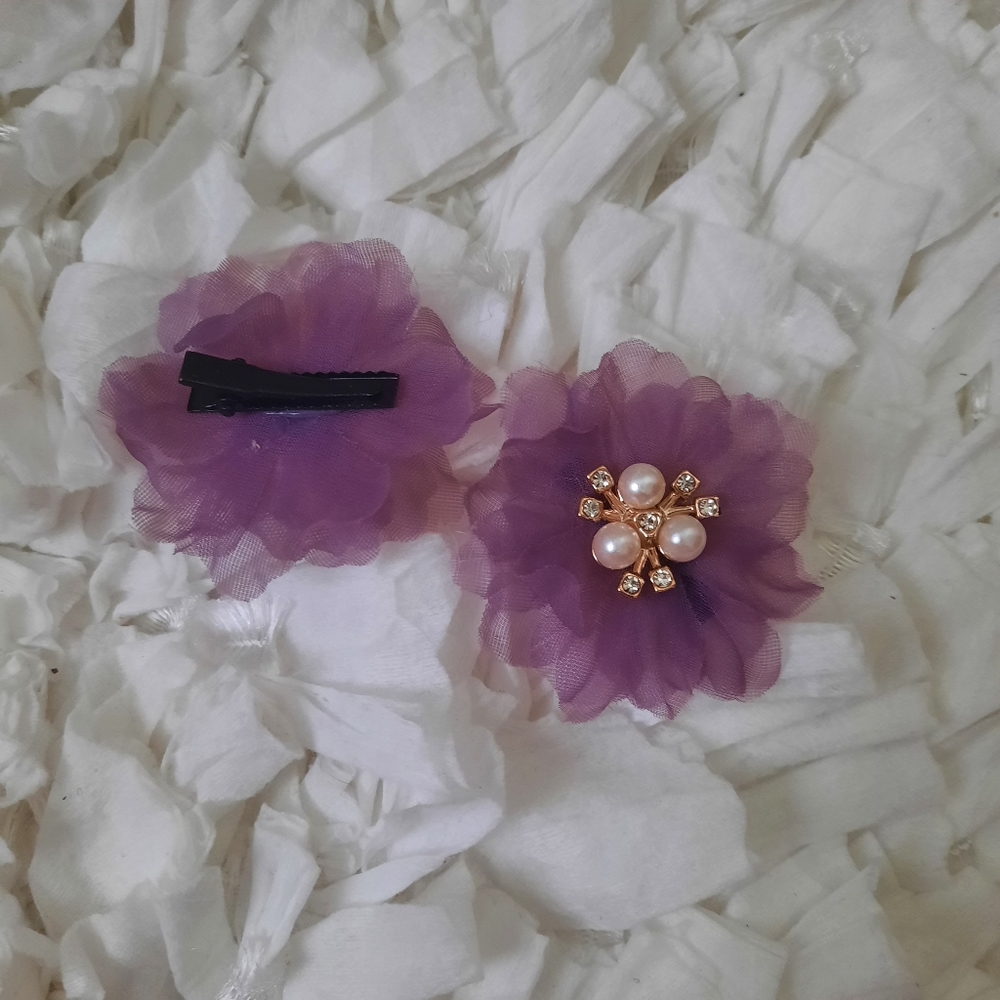 Tulle & Jewel Purple Floral Hair Bow Pair NWOT Set Flower Bows - Picture 3 of 4